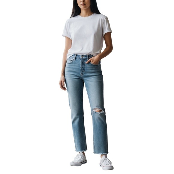 RE/DONE‎ High Rise Straight Leg Jeans Women 26 Distressed Raw Hem Light Wash - Picture 2 of 10